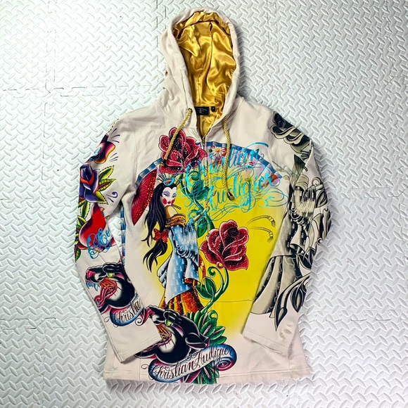 Christian Audigier Tops - Christian Audigier Floral Panthers Hoodie Gold Lined